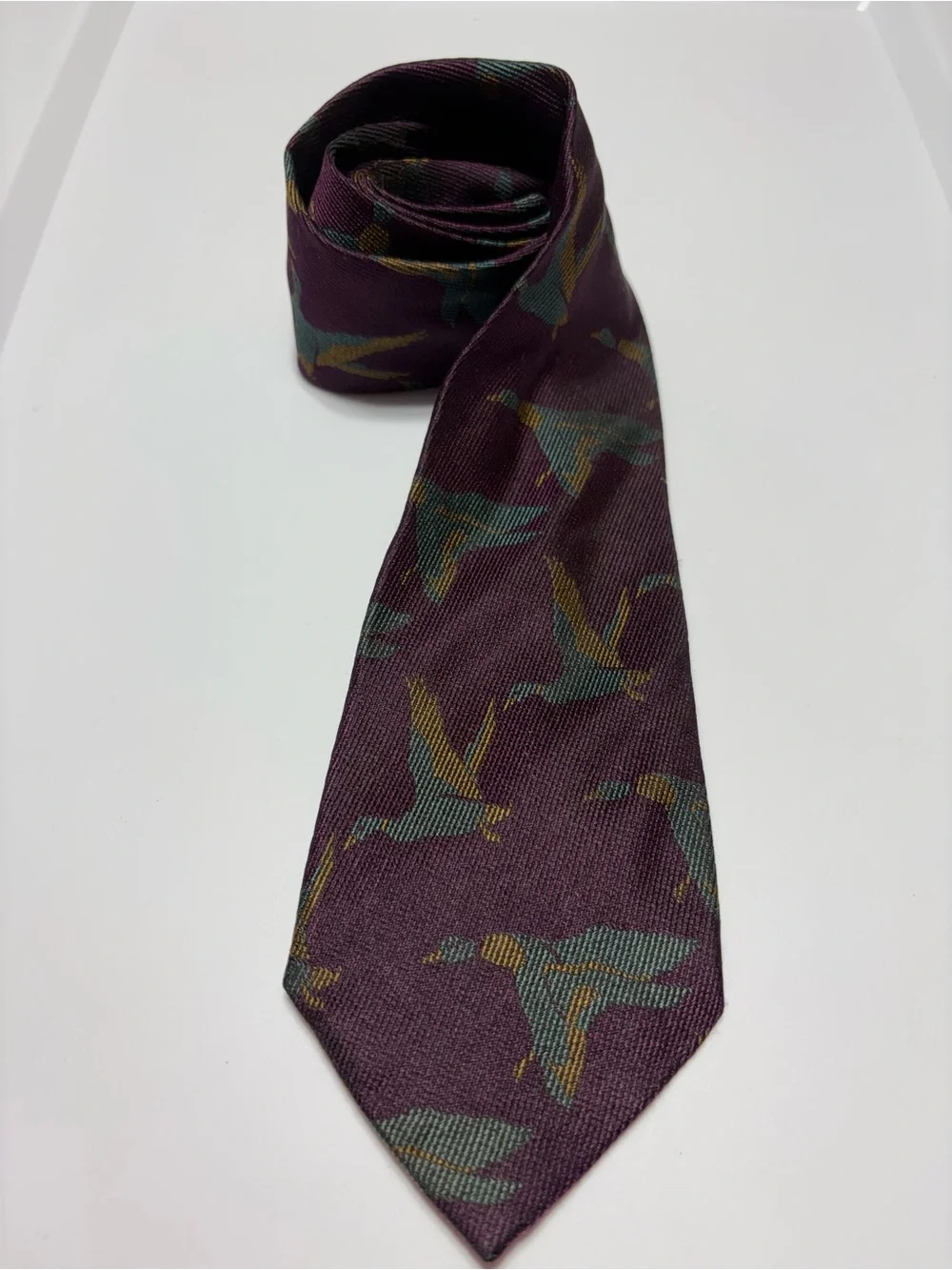 Vintage Neiman Marcus Plum Tie with Teal and Gold Duck Pattern
